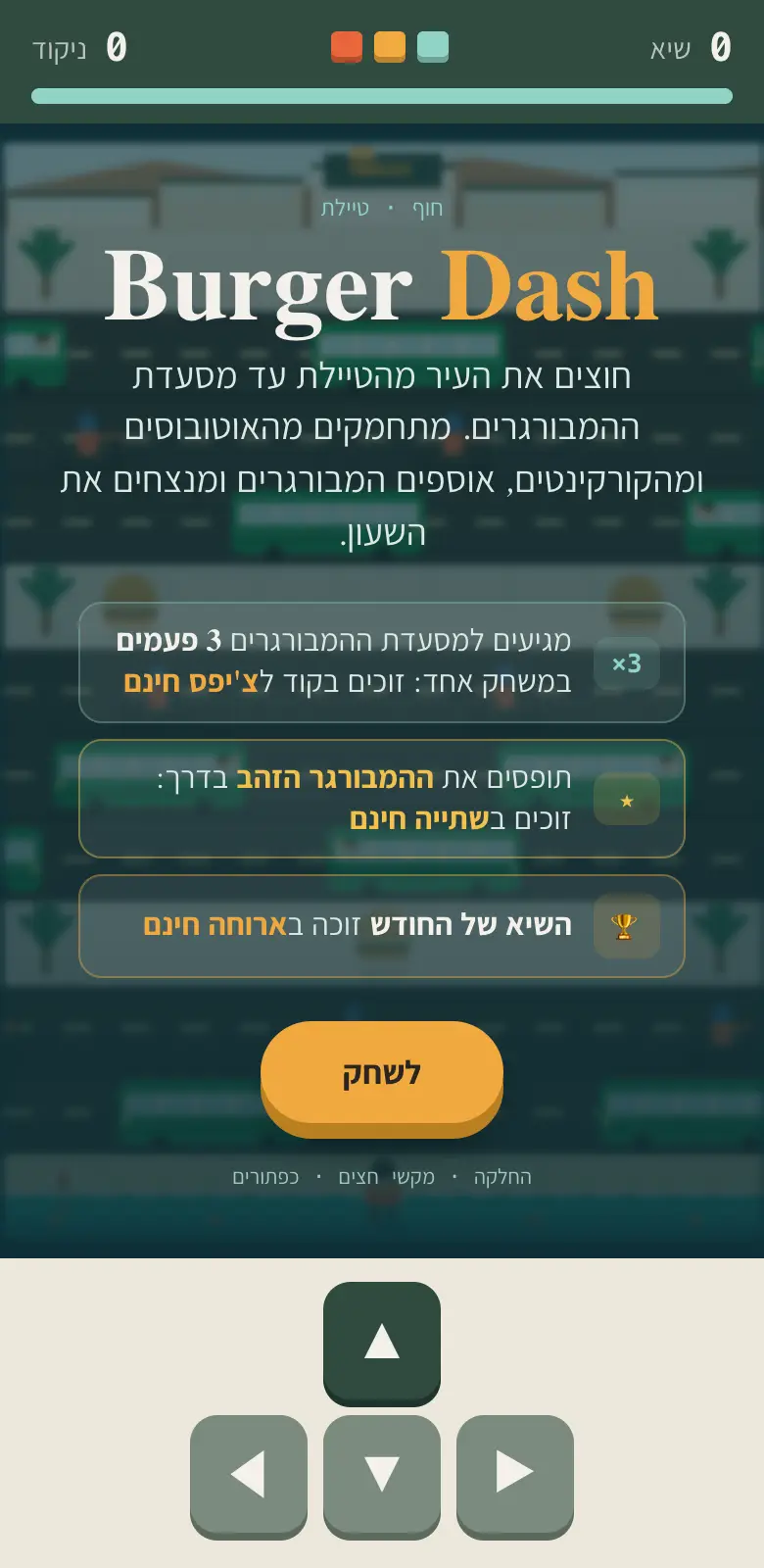 מסך הפתיחה של Burger Dash: להגיע למסעדה שלוש פעמים בשביל צ'יפס חינם, לתפוס את ההמבורגר הזהב בשביל שתייה חינם, והשיא של החודש זוכה בארוחה.